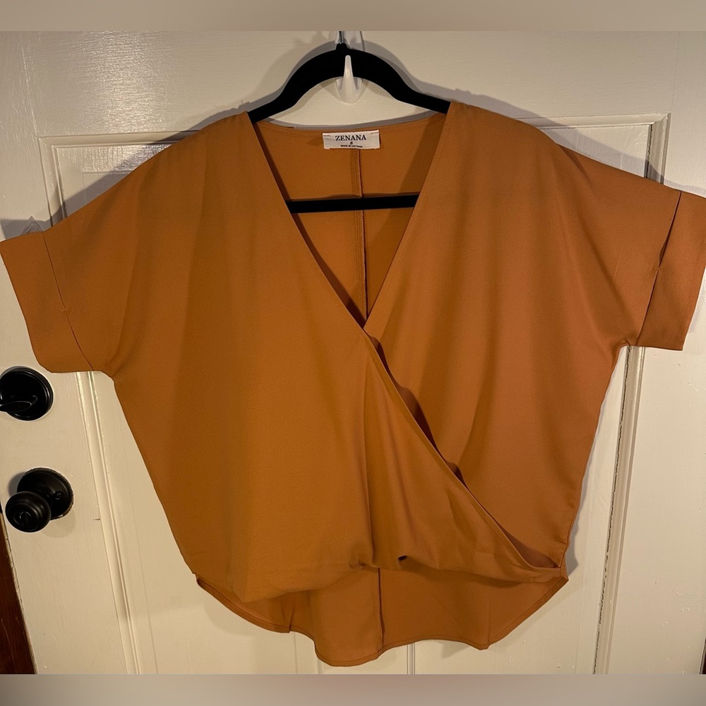 Zenana Cross Front Mustard Short Sleeve cropped front Blouse Size S
